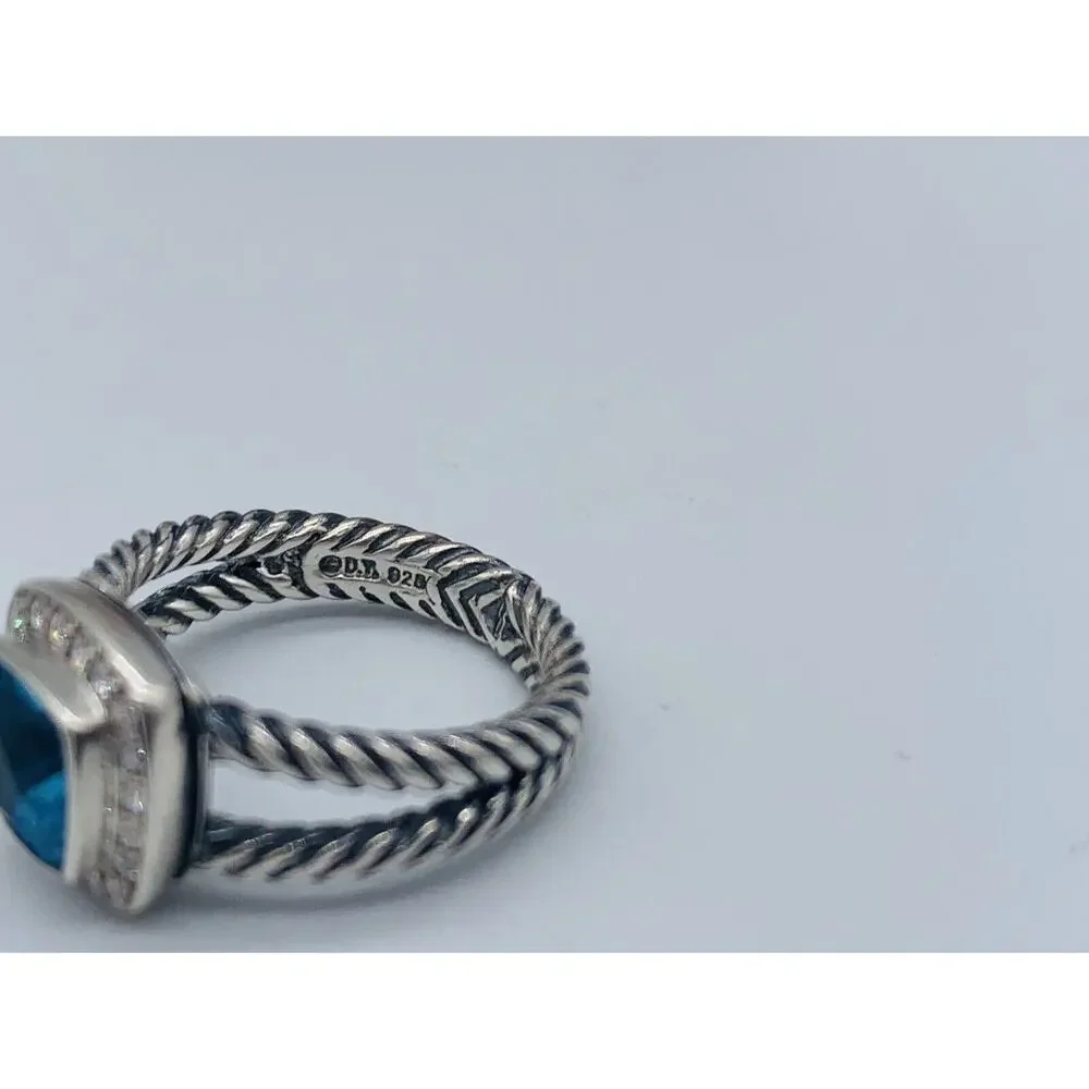 David Yurman Sterling Silver Blue Topaz & Diamond Petite Albion Ring Size 6